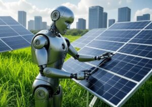 A robot adjusting solar panels in a green field with a cityscape in the background, symbolizing the use of AI to save the planet's ecology and support sustainable development.
