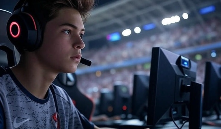 Participants of a PC gaming competition at a stadium focus on their computers during an AI contest with generative algorithms.