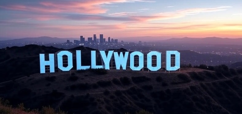 The famous Hollywood sign on the hill in its traditional format during sunset with a view of Los Angeles.