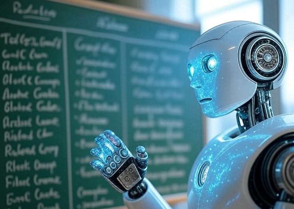 A holographic robot teacher standing next to a chalkboard, demonstrating the integration of artificial intelligence in education.