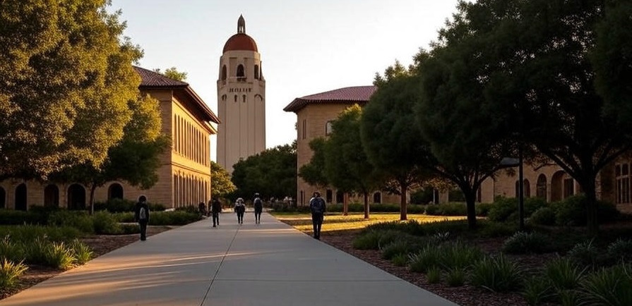 A pathway at Stanford University with the historic Hoover Tower in the background, surrounded by trees and students walking on a sunny day.