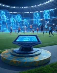 Artificial intelligence judges sports competitions in 2025 on a high-tech stadium, analyzing athletes' performances in real time with transparent and ethical algorithms, surrounded by holographic displays.