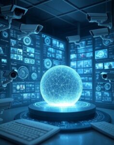 Artificial intelligence in a high-tech security center in 2025 monitors a room through numerous surveillance cameras, analyzing video in real time with holographic displays, highlighting the balance between safety and privacy.