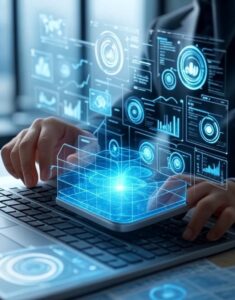 Image of hands working on a laptop with holographic charts and graphs, illustrating the creation of a framework by artificial intelligence for business management.