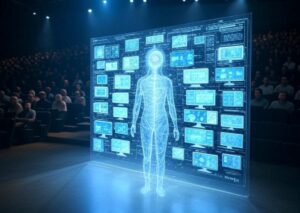 A hologram on stage showcases artificial intelligence technologies, including machine learning, natural language processing, computer vision, and robotics. In the background, a large screen displays images of computers and data, in a dimly lit hall with an audience attentively watching the presentation.