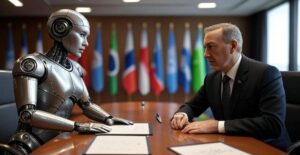 A humanoid robot and a human sitting across from each other at a table in a formal setting, with two pens and a signed agreement document on the table, flags resembling a UN conference room in the background, serious and diplomatic atmosphere