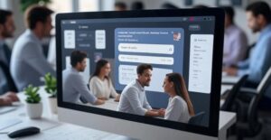 Interface of an open-source AI platform for small businesses with chat-bot, analytics, and personalized offers features, displayed on a computer screen in an office setting, May 19, 2025.