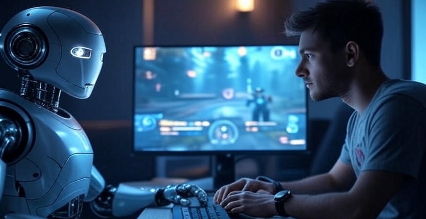 A robot and a human sit at a computer, playing a computer game. The screen displays a dynamic game with vibrant colors, symbolizing the revolution in multiplayer gaming due to advanced AI bots.