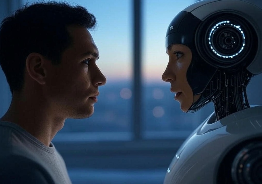 A person and a GPT-4o robot converse in a modern office overlooking the city, showcasing the AI’s innovative abilities in interpreting voice, emotions, and lip movements.