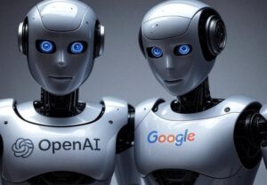 Two robots fused at the chest, one labeled OpenAI and the other Google.