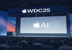 WWDC 2025 conference hall with an Apple banner and an AI symbol on the screen; some people in the audience look disappointed, others look curious.