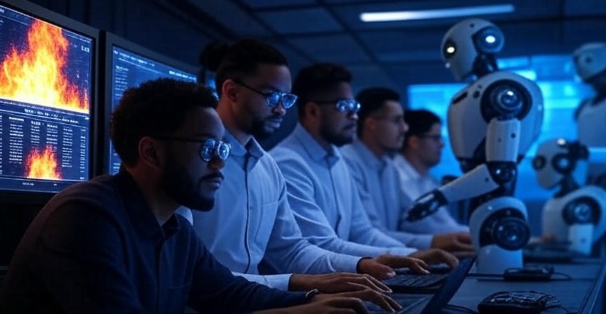A robot and a team of regulators work at computers with screens displaying network data and firewalls, fighting cyber threats in a modern office.