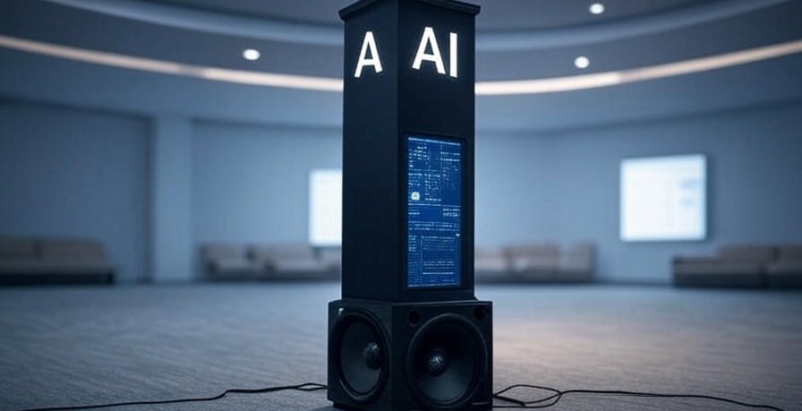 Image of a musical column labeled AI playing music, with speakers at the bottom, set against a modern interior background.