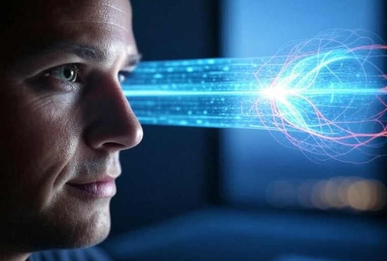 Close-up of an eye undergoing scanning for biometric security in a dark room.