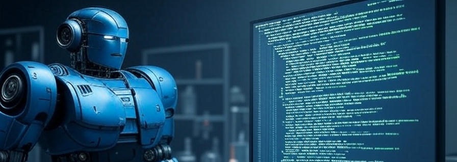 A large blue holographic robot standing next to a big screen displaying programming code in a modern tech room
