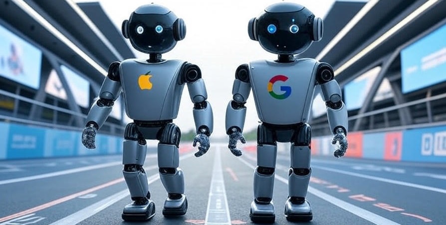 Two AI robot machines on a race track: the left robot is gray with the Apple logo on its chest, and the right robot is black with the Google logo, both ready to start.
