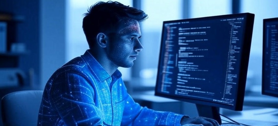 A holographic person working at a computer, viewing code on two monitors, with the text "Codestral Embed: how Mistral AI is creating a new standard for AI in programming".