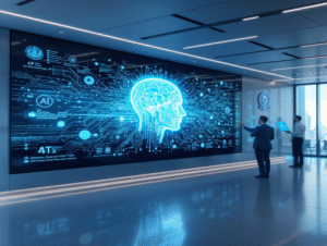 Futuristic government office with holographic AI display and people interacting with advanced technology