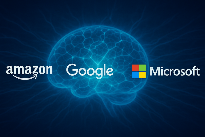 Amazon, Google, Microsoft, and Meta logos evenly spaced over a blue holographic neural network background with radiating node connections.