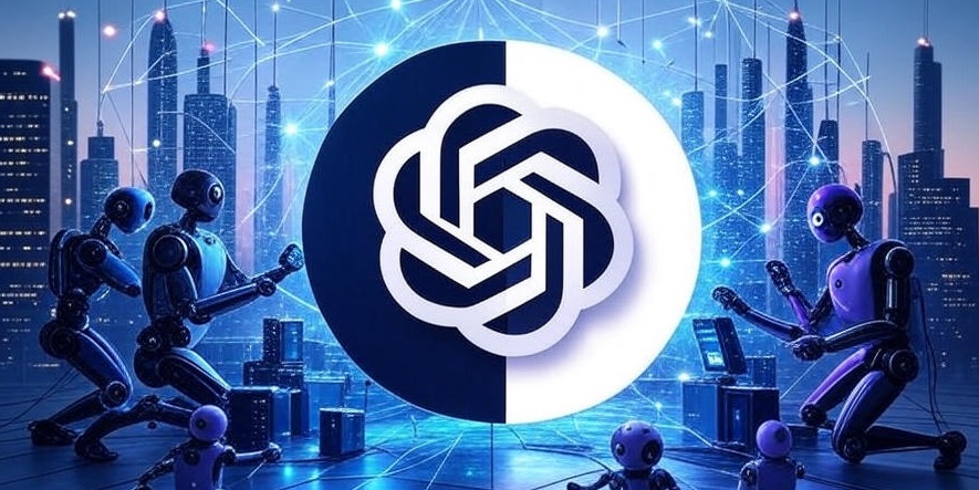 Illustration symbolizing collaboration amid competition in the AI sphere: at the center, a stylized Scale AI logo acts as a bridge between two opposing sides — OpenAI logo on the left and Meta logo on the right. Between them, a network of data and abstract silhouettes of people or robots working together, set against a futuristic cityscape hinting at AGI development, in a high-tech atmosphere with neutral colors and bright accents.
