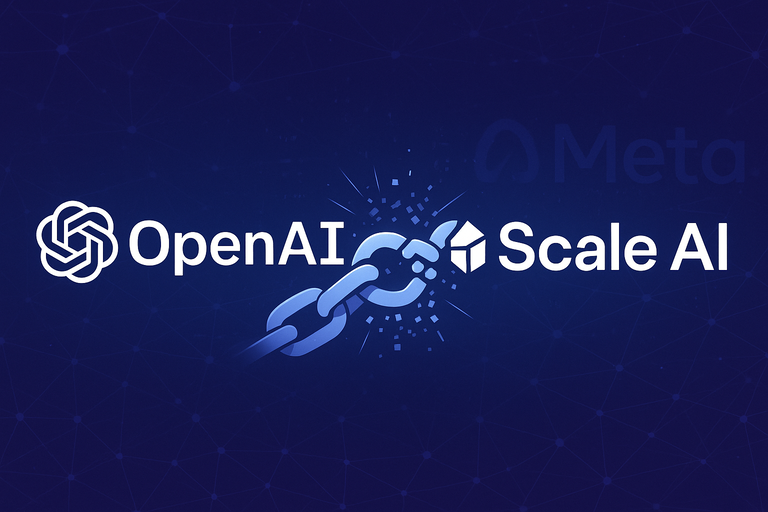 Illustration showing OpenAI and Scale AI logos separated by a breaking digital chain against an abstract network background with a subtle “Meta” reference.
