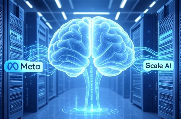 Horizontal illustration symbolizing Meta’s $14.3 billion investment in Scale AI for AGI development: large Meta and Scale AI logos connected by glowing data streams and futuristic AI servers, with a digital brain or neural network glowing in the center representing AGI, set against a modern high-tech data center with blue and silver tones.