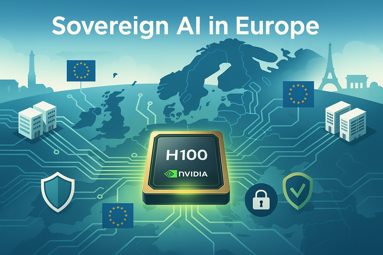 A horizontal banner illustration showing a map of Europe overlaid with stylized circuit lines connecting local data centers. At the center is an NVIDIA H100 GPU glowing green. Around it are icons of a shield, a padlock, and EU flags, with silhouettes of European landmarks in the background.