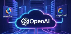 OpenAI, Google Cloud and CoreWeave join forces in cloud computing — a stylized infographic with logos and glowing connection lines.