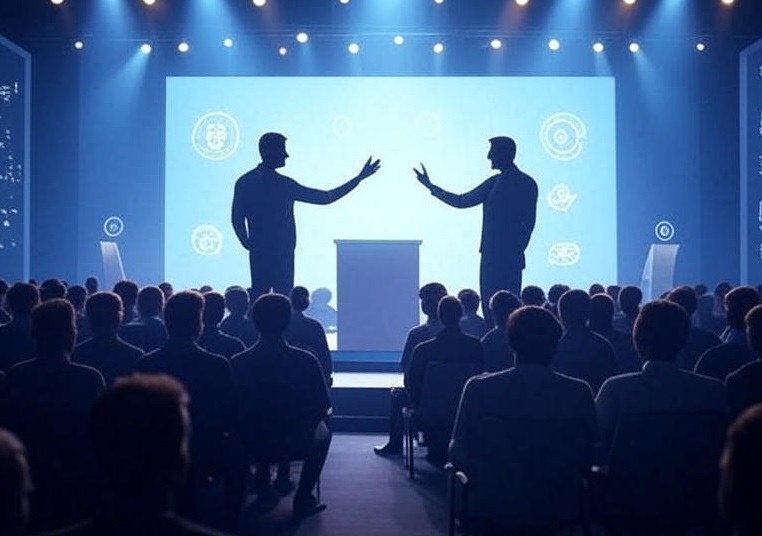 A cinematic illustration of a futuristic tech conference stage at VivaTech 2025 in Paris. Two keynote speakers, visible only as silhouettes from behind, stand on stage: one gesturing confidently, the other leaning forward in discussion. The audience in the foreground is shown only from behind, forming a subtle crowd silhouette. Bright spotlights and a large LED screen displaying minimalistic AI and robotics icons cast dynamic light and soft shadows. The atmosphere is electric and professional, with cool blues and warm accent lights, capturing the tension of a high-stakes debate on artificial intelligence and the future of work.